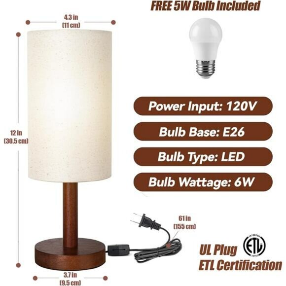 Small table lamp wood base linen shade LED nightstand light for bedroom desk - Picture 7 of 8